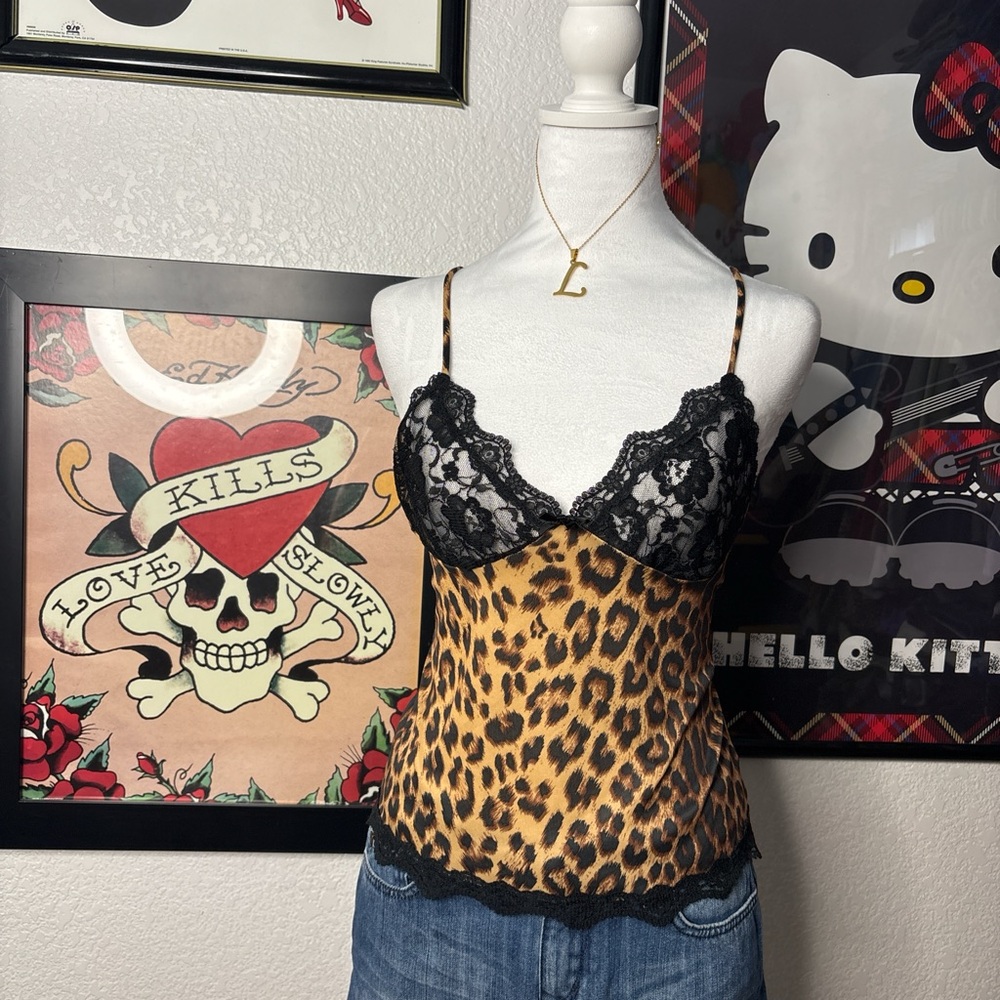 Y2K Leopard Black Lace Bust Satin Cami Top Animal Print Indie Sleeze Vintage